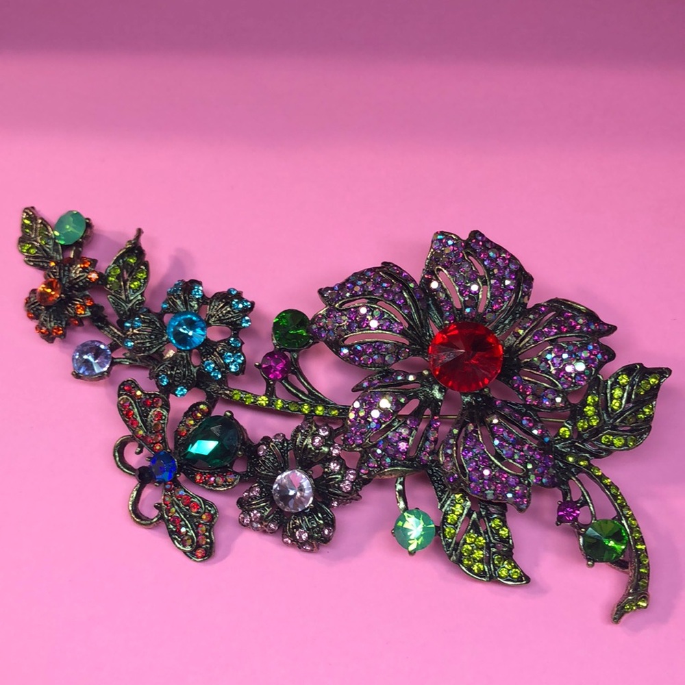 Huge floral, flower, butterfly, brooch, rhinestones, 6”